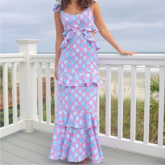 Simply Southern Dresses & Skirts - Simply Southern Ruffled Shell Print Maxi Dress in Pink & Light Blue XXL NWT